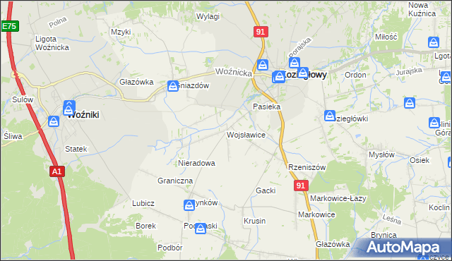 mapa Wojsławice gmina Koziegłowy, Wojsławice gmina Koziegłowy na mapie Targeo