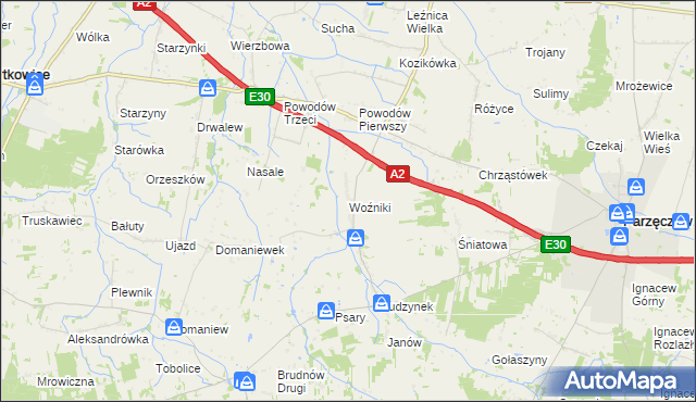 mapa Woźniki gmina Dalików, Woźniki gmina Dalików na mapie Targeo