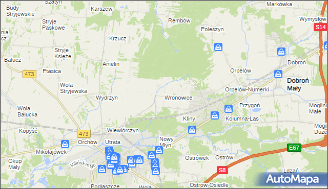 mapa Wronowice gmina Łask, Wronowice gmina Łask na mapie Targeo