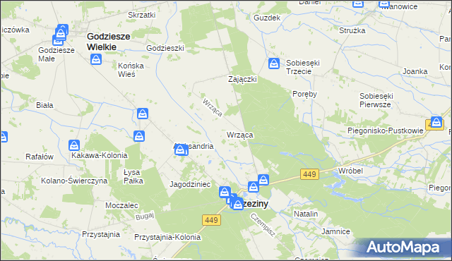 mapa Wrząca gmina Brzeziny, Wrząca gmina Brzeziny na mapie Targeo