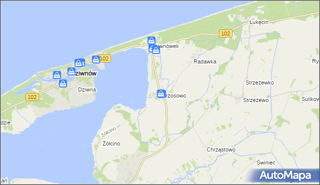 mapa Wrzosowo gmina Kamień Pomorski, Wrzosowo gmina Kamień Pomorski na mapie Targeo