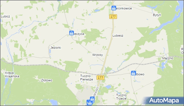 mapa Wrzosy gmina Tuczno, Wrzosy gmina Tuczno na mapie Targeo