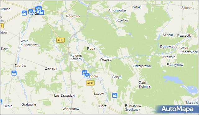 mapa Wrzosy gmina Widawa, Wrzosy gmina Widawa na mapie Targeo