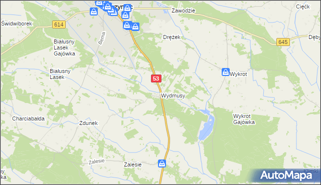 mapa Wydmusy, Wydmusy na mapie Targeo