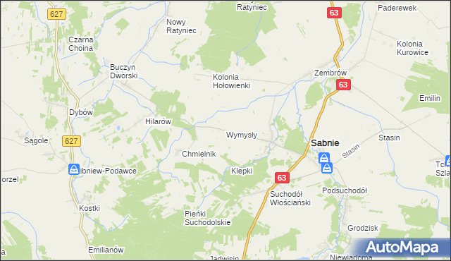 mapa Wymysły gmina Sabnie, Wymysły gmina Sabnie na mapie Targeo