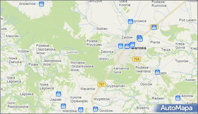 mapa Wzory gmina Iwaniska, Wzory gmina Iwaniska na mapie Targeo