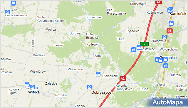 mapa Żaby gmina Dobryszyce, Żaby gmina Dobryszyce na mapie Targeo