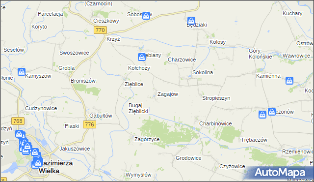 mapa Zagajów gmina Czarnocin, Zagajów gmina Czarnocin na mapie Targeo