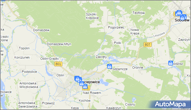 mapa Zakręty gmina Maciejowice, Zakręty gmina Maciejowice na mapie Targeo