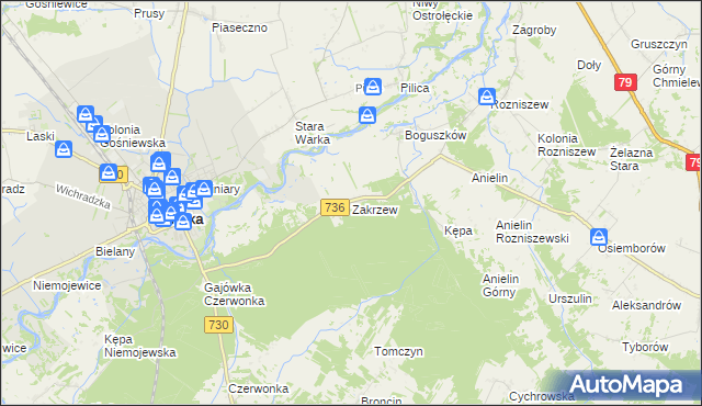 mapa Zakrzew gmina Grabów nad Pilicą, Zakrzew gmina Grabów nad Pilicą na mapie Targeo
