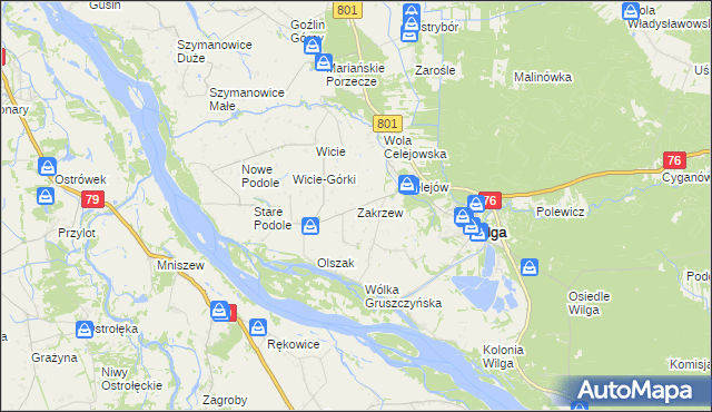 mapa Zakrzew gmina Wilga, Zakrzew gmina Wilga na mapie Targeo