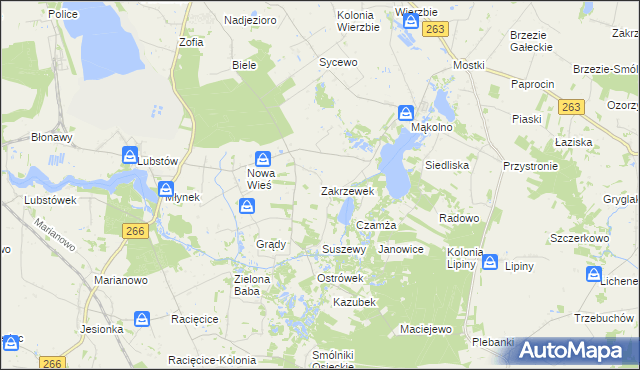 mapa Zakrzewek gmina Sompolno, Zakrzewek gmina Sompolno na mapie Targeo