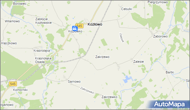mapa Zakrzewo gmina Kozłowo, Zakrzewo gmina Kozłowo na mapie Targeo