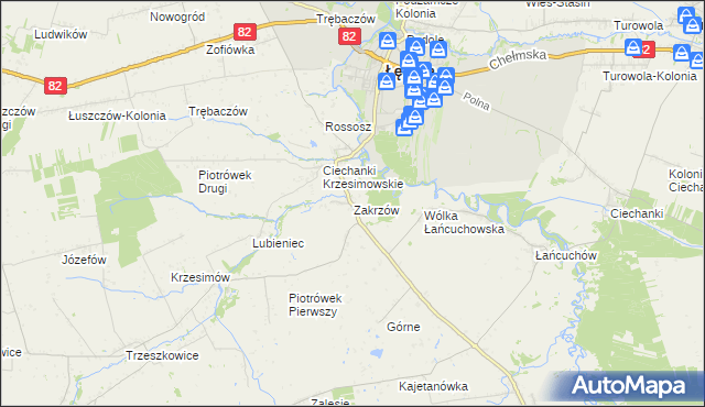 mapa Zakrzów gmina Łęczna, Zakrzów gmina Łęczna na mapie Targeo