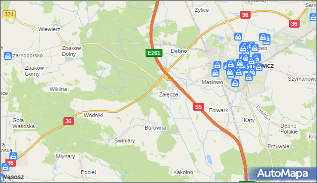 mapa Załęcze gmina Rawicz, Załęcze gmina Rawicz na mapie Targeo