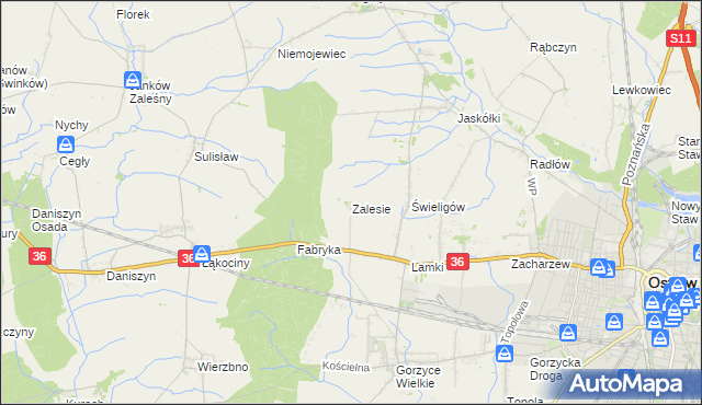 mapa Zalesie gmina Ostrów Wielkopolski, Zalesie gmina Ostrów Wielkopolski na mapie Targeo