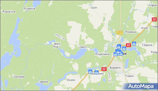 mapa Załom gmina Człopa, Załom gmina Człopa na mapie Targeo