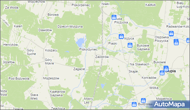 mapa Zaostrów gmina Słupia Konecka, Zaostrów gmina Słupia Konecka na mapie Targeo
