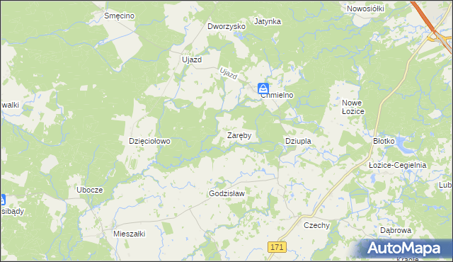 mapa Zaręby gmina Bobolice, Zaręby gmina Bobolice na mapie Targeo
