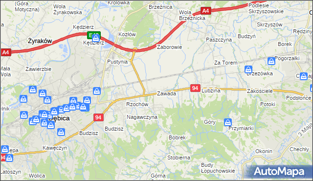 mapa Zawada gmina Dębica, Zawada gmina Dębica na mapie Targeo