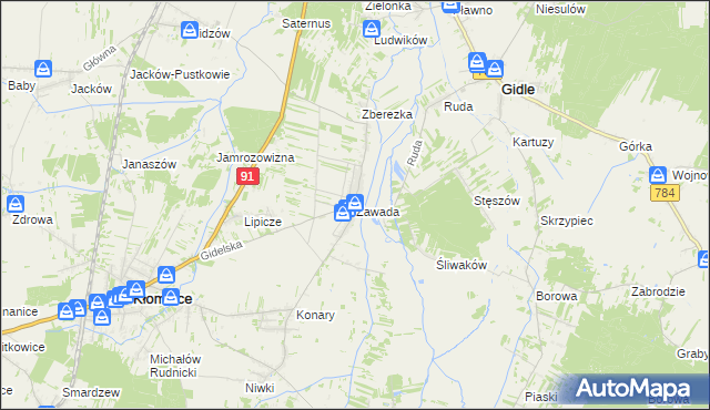 mapa Zawada gmina Kłomnice, Zawada gmina Kłomnice na mapie Targeo