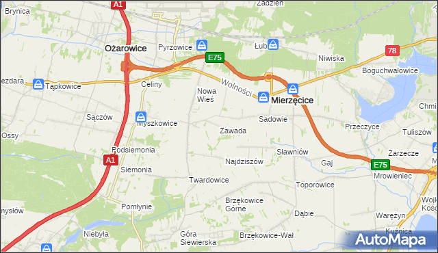 mapa Zawada gmina Mierzęcice, Zawada gmina Mierzęcice na mapie Targeo