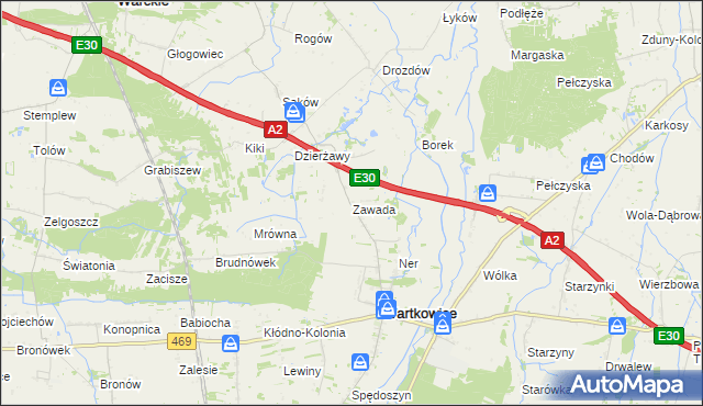 mapa Zawada gmina Wartkowice, Zawada gmina Wartkowice na mapie Targeo