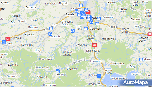 mapa Zawadka gmina Wadowice, Zawadka gmina Wadowice na mapie Targeo