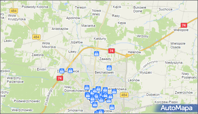 mapa Zawady gmina Bełchatów, Zawady gmina Bełchatów na mapie Targeo