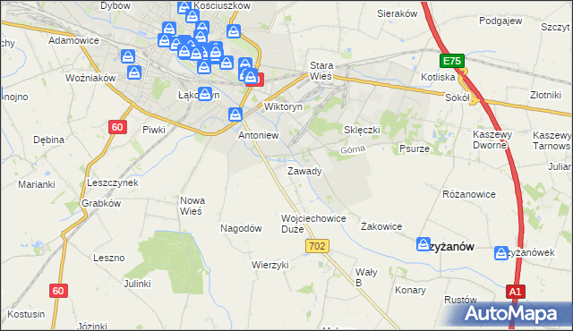 mapa Zawady gmina Krzyżanów, Zawady gmina Krzyżanów na mapie Targeo