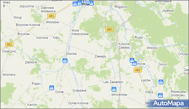 mapa Zawady gmina Widawa, Zawady gmina Widawa na mapie Targeo
