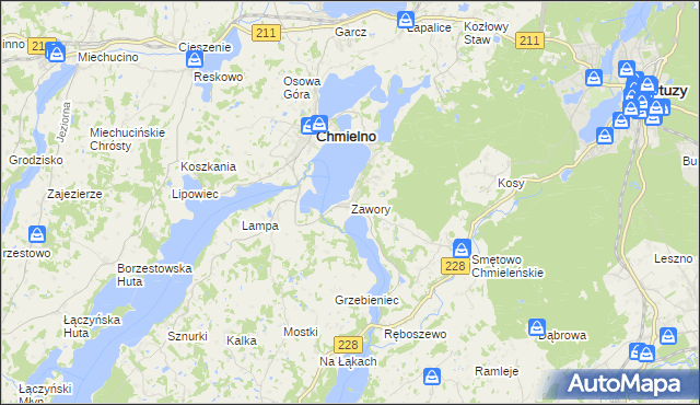 mapa Zawory gmina Chmielno, Zawory gmina Chmielno na mapie Targeo