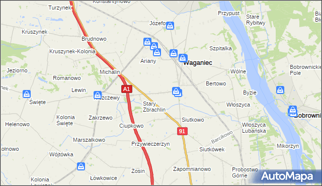 mapa Zbrachlin gmina Waganiec, Zbrachlin gmina Waganiec na mapie Targeo