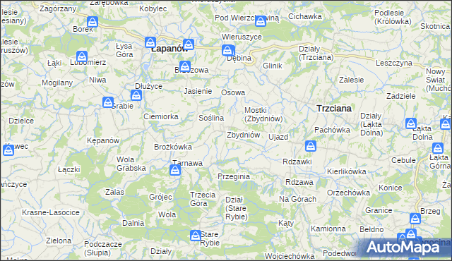 mapa Zbydniów gmina Łapanów, Zbydniów gmina Łapanów na mapie Targeo