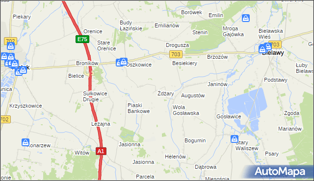 mapa Żdżary gmina Bielawy, Żdżary gmina Bielawy na mapie Targeo