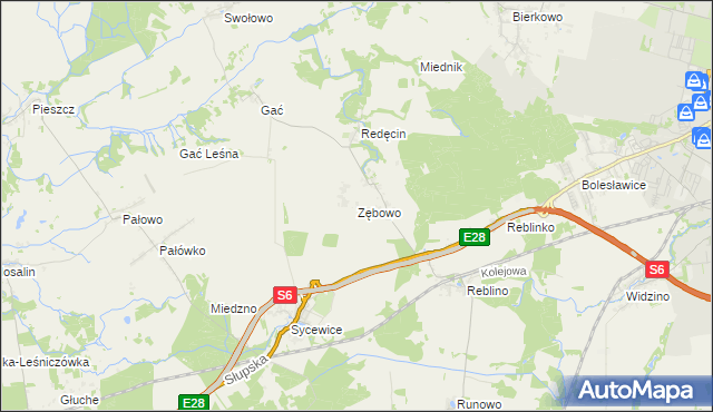 mapa Zębowo gmina Kobylnica, Zębowo gmina Kobylnica na mapie Targeo