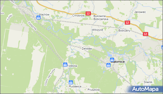 mapa Żelisław gmina Małomice, Żelisław gmina Małomice na mapie Targeo