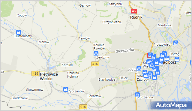 mapa Żerdziny gmina Pietrowice Wielkie, Żerdziny gmina Pietrowice Wielkie na mapie Targeo