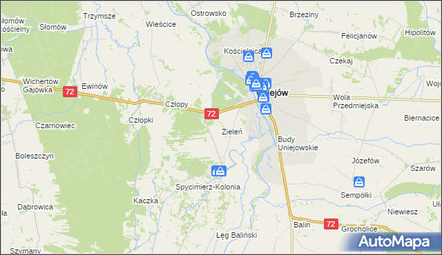 mapa Zieleń gmina Uniejów, Zieleń gmina Uniejów na mapie Targeo