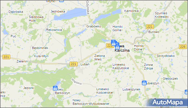 mapa Zielona Wieś gmina Nowa Karczma, Zielona Wieś gmina Nowa Karczma na mapie Targeo