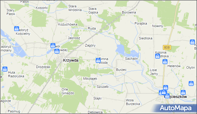 mapa Zimna Woda gmina Krzywda, Zimna Woda gmina Krzywda na mapie Targeo