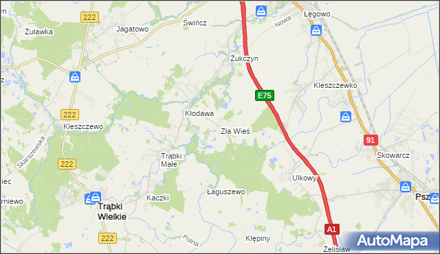 mapa Zła Wieś gmina Trąbki Wielkie, Zła Wieś gmina Trąbki Wielkie na mapie Targeo