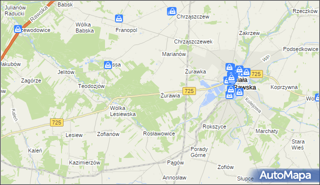 mapa Żurawia gmina Biała Rawska, Żurawia gmina Biała Rawska na mapie Targeo