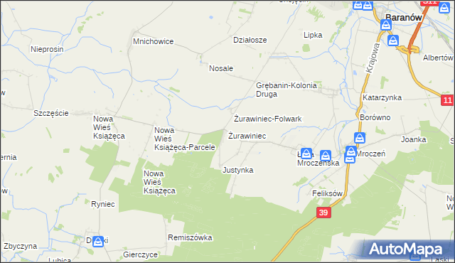 mapa Żurawiniec gmina Baranów, Żurawiniec gmina Baranów na mapie Targeo
