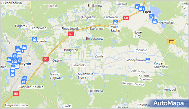 mapa Zwoleń gmina Gostynin, Zwoleń gmina Gostynin na mapie Targeo