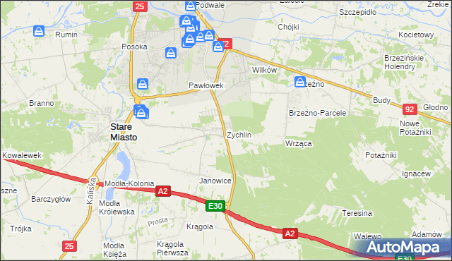 mapa Żychlin gmina Stare Miasto, Żychlin gmina Stare Miasto na mapie Targeo