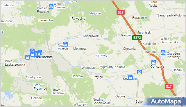 mapa Zygmunty gmina Łaskarzew, Zygmunty gmina Łaskarzew na mapie Targeo