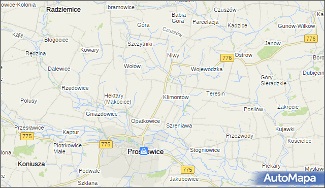 mapa Klimontów gmina Proszowice, Klimontów gmina Proszowice na mapie Targeo