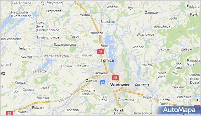 mapa Tomice powiat wadowicki, Tomice powiat wadowicki na mapie Targeo