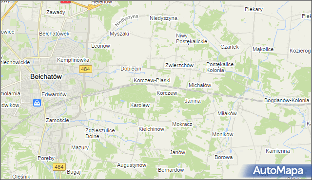 mapa Korczew gmina Bełchatów, Korczew gmina Bełchatów na mapie Targeo